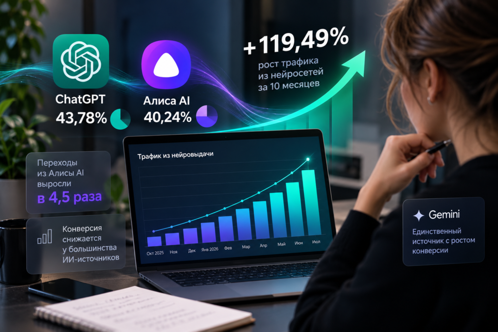Трафик из нейросетей вырос на 119%: Алиса AI почти догнала ChatGPT